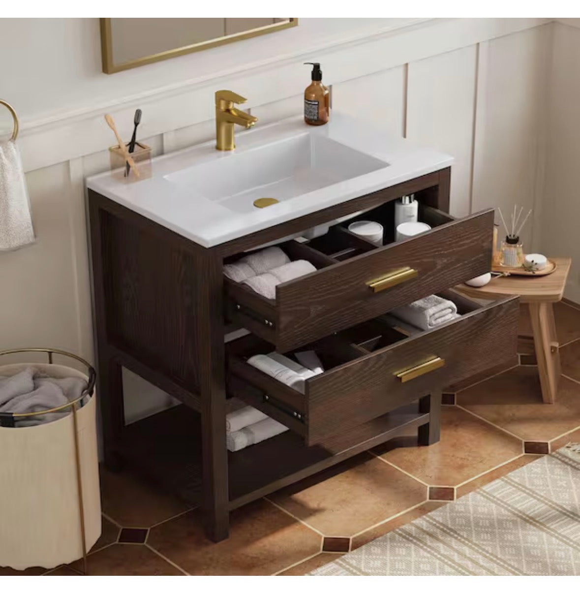 Magen 31 in. Single Sink Bath Vanity in Walnut with White Engineered Solid Surface Top and 2 Drawers (Unassembled)