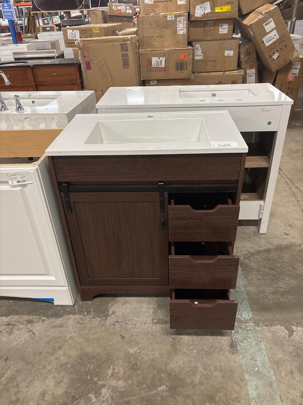 Eon 31 in. W Single Sink Walnut Freestanding Bath Vanity with White Engineered Solid Surface Top Unassembled