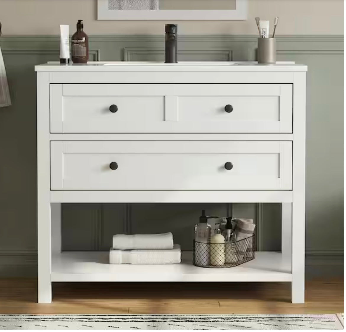Shay 37 in. Single Sink White Bath Vanity with White Engineered Solid Surface Top and 2 Drawers (Unassembled)