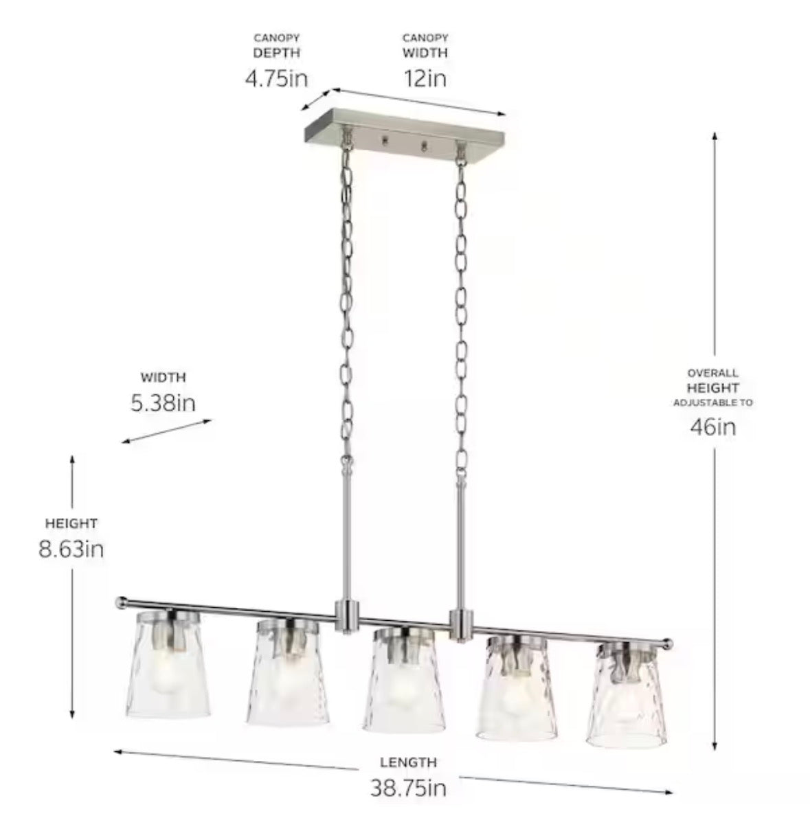 Coralise 5-Light Linear Chandelier with Clear Water Glass in Brushed Nickel