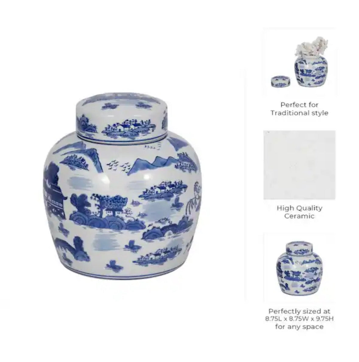 9 in. Blue Ceramic Rounded Chinoiserie Jar with Lid