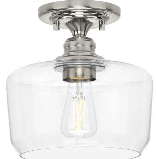 Aiken Collection 1-Light Brushed Nickel Clear Glass Farmhouse Flush Mount Light