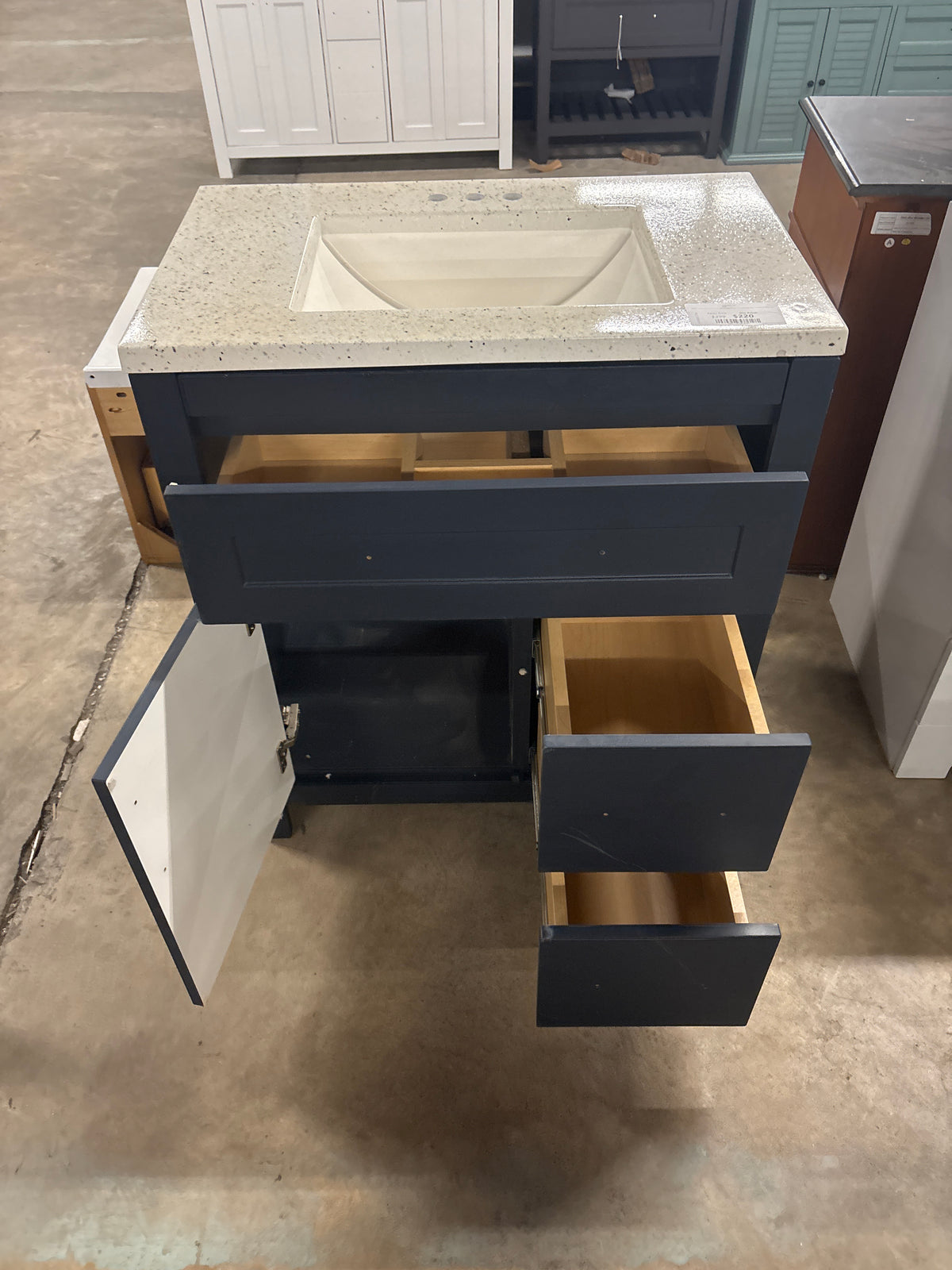 Clady 31 in. W x 19 in. D x 35 in. H Single Sink Bath Vanity in Deep Blue with Silver Ash Cultured Marble Top