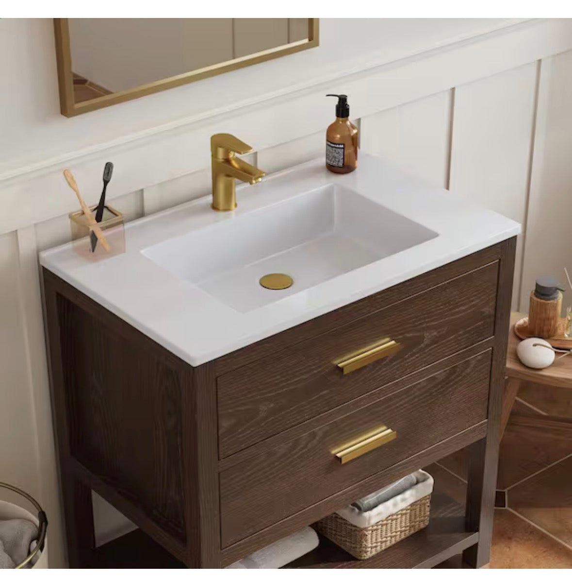 Magen 31 in. Single Sink Bath Vanity in Walnut with White Engineered Solid Surface Top and 2 Drawers (Unassembled)