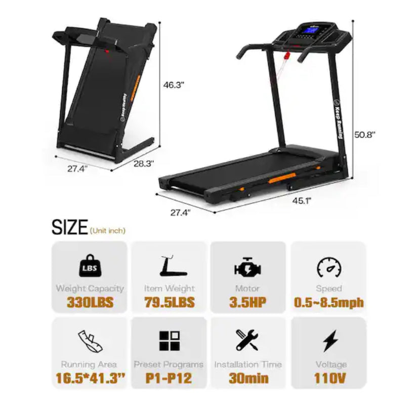 3.5 HP Black and Orange Stainless Steel Foldable Electric Treadmill with 3 Holder, LCD Display and Security Key