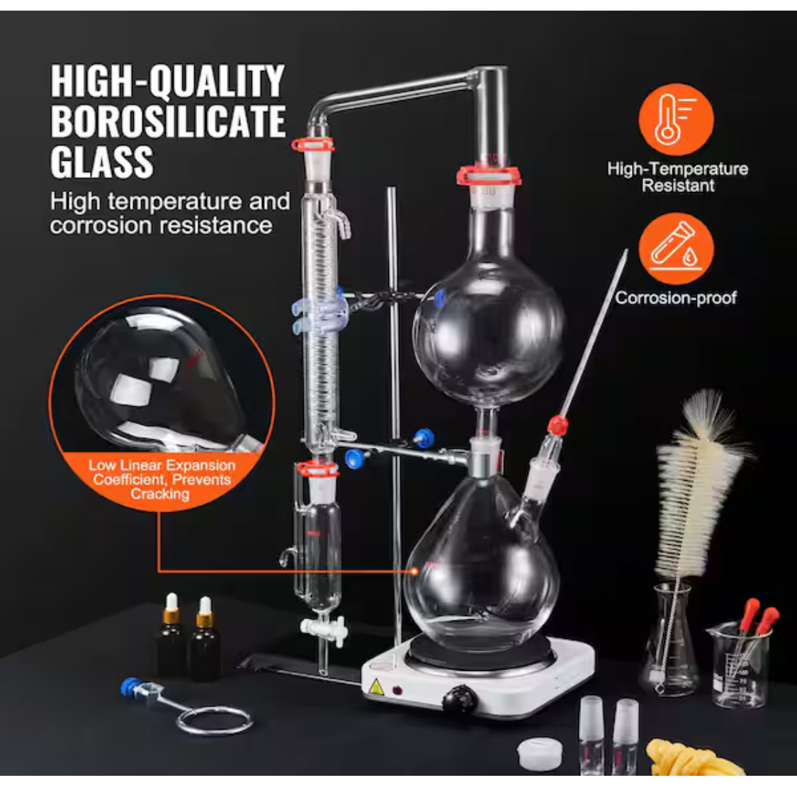 Essential Oil Distillation Kit, Distillation Apparatus, Glassware Distillation Kit with Heating Plate, 28-Pieces