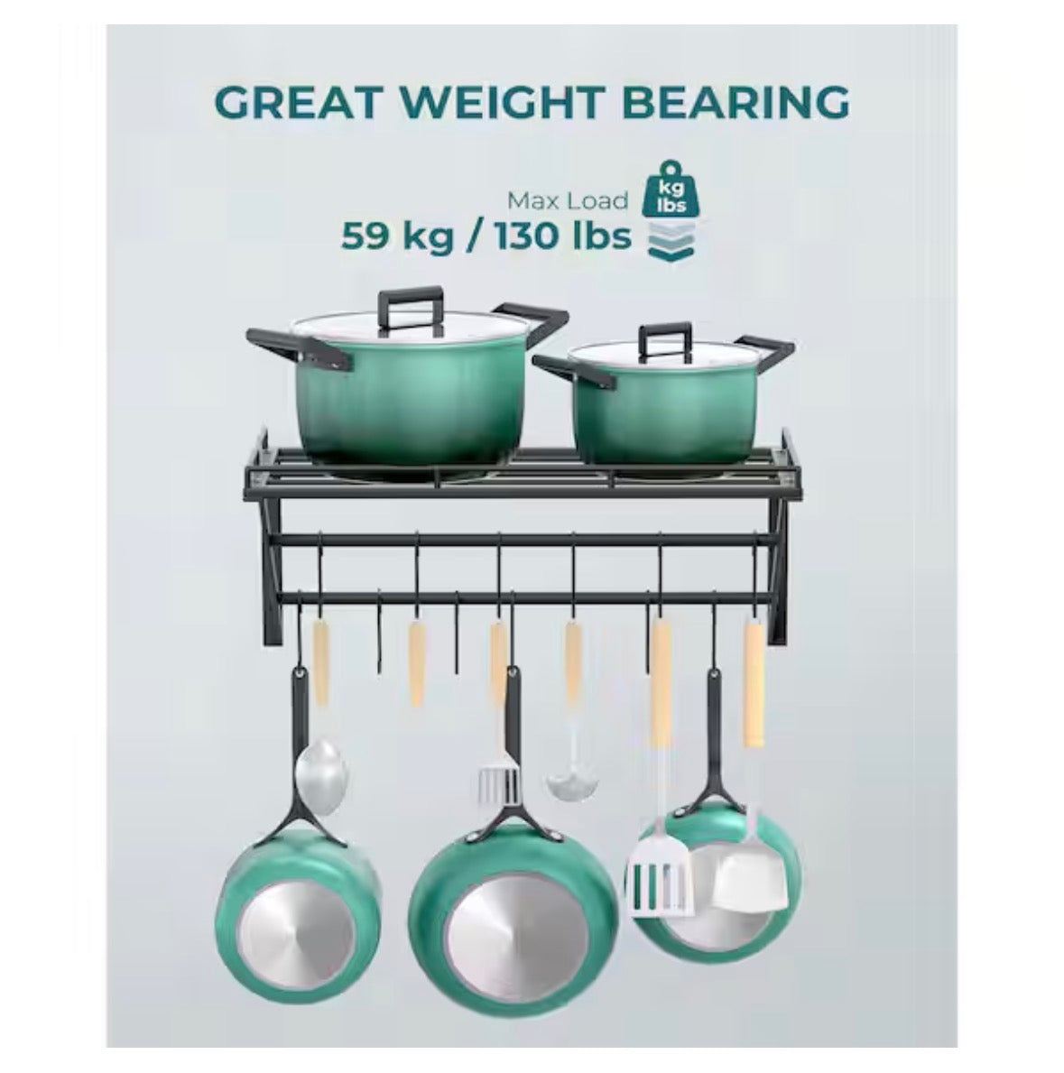 Black 23.6 in. Wall Mounted Pot Rack Storage Shelf with 2-Tier Hanging Rails and 12 S Hooks
