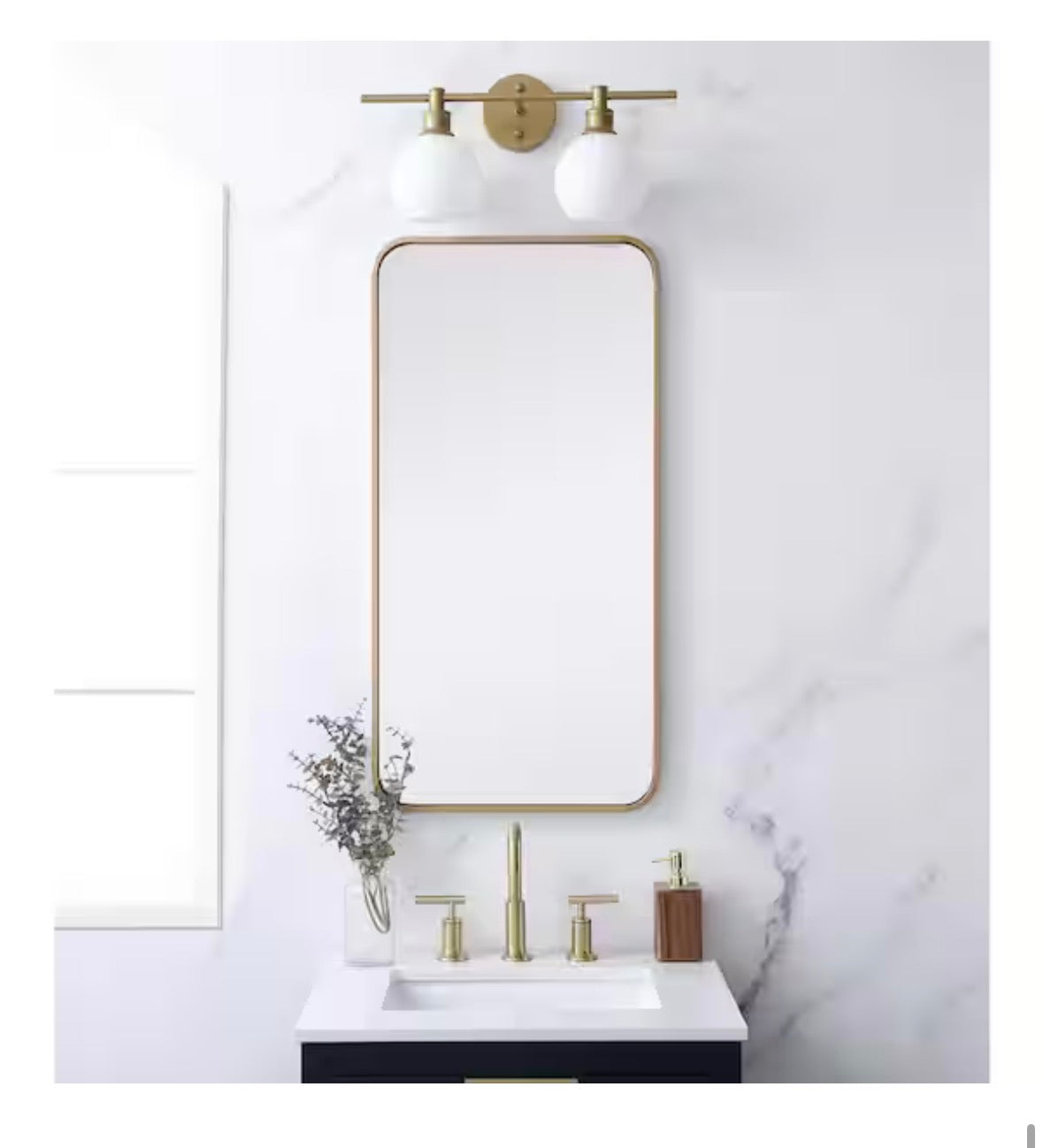 Timeless Home 18 in. W x 36 in. H x Modern Soft Corner Metal Rectangle Brass Mirror