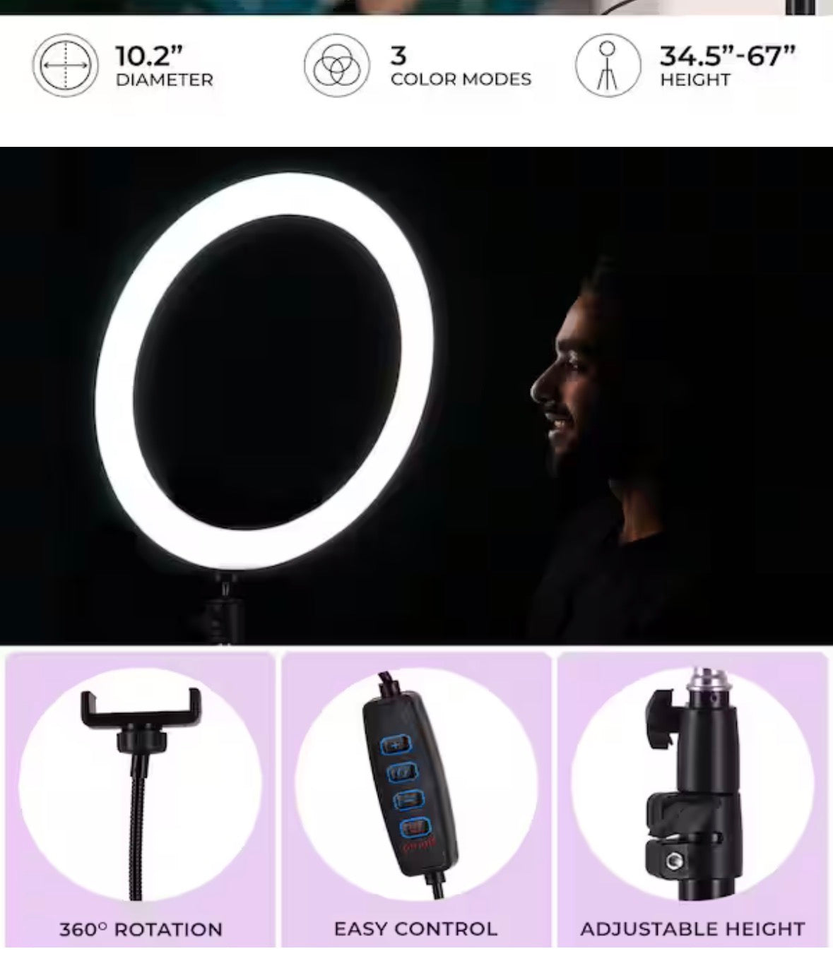 67.5 in. Black Contemporary 3CCT Integrated LED Selfie Ring Light Tripod with Adjustable Height and Smart Phone Holder