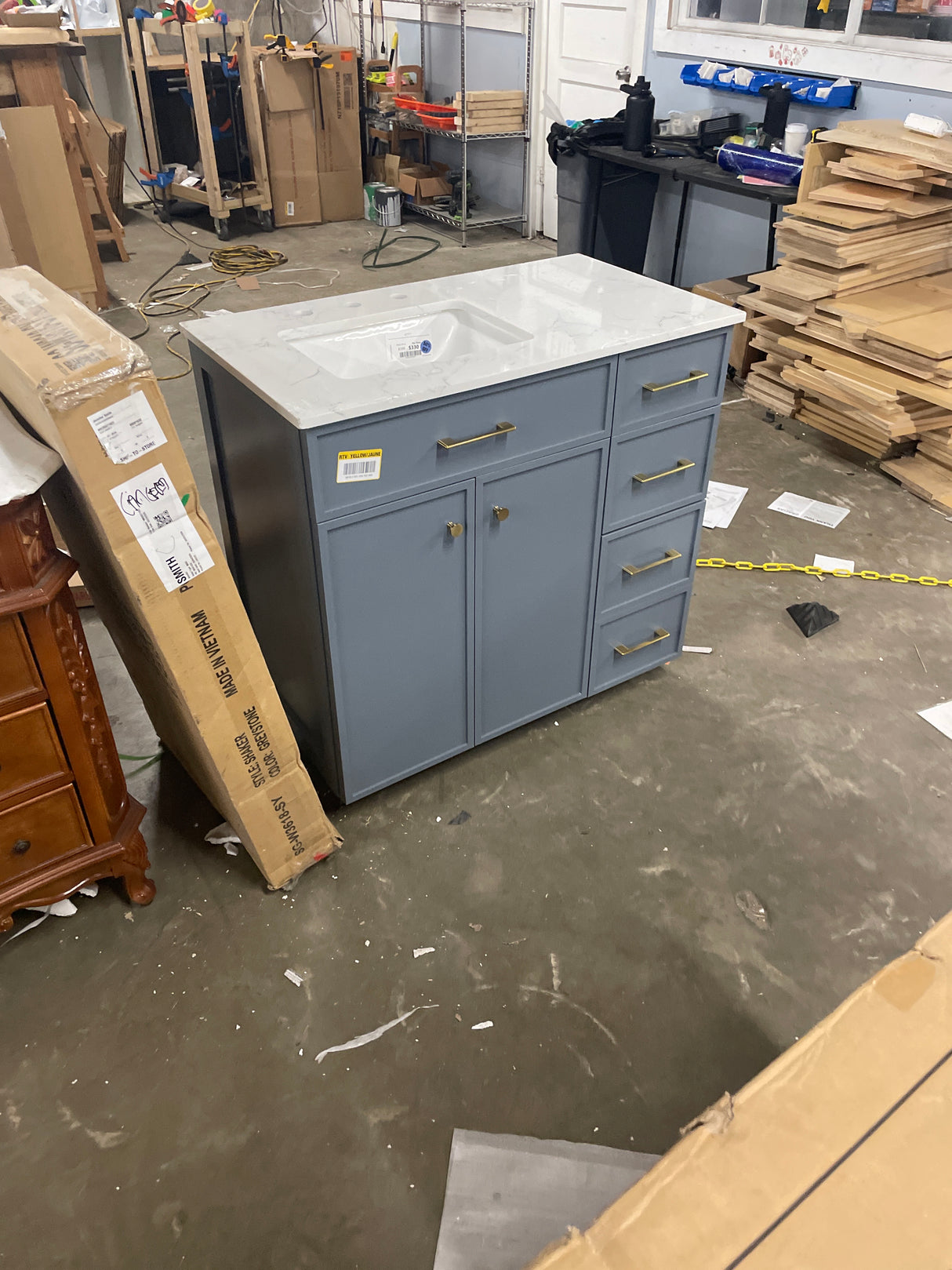 Marcote 36 in. Single Sink Freestanding Slate Blue Bath Vanity with Venato Engineered Stone Top (Assembled)