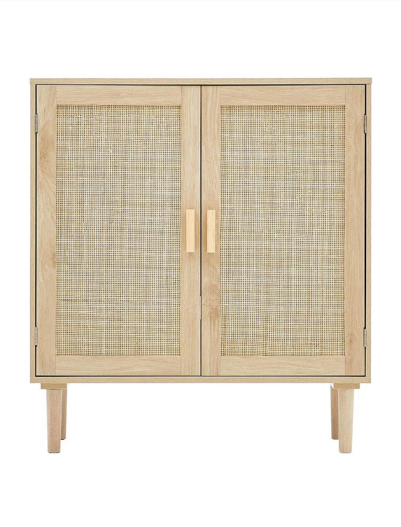 Rattan Cabinet, Rattan Storage Cabinet with 2 Magnetic Doors and Adjustable Shelves, Sideboard Cabinet Natural Wood