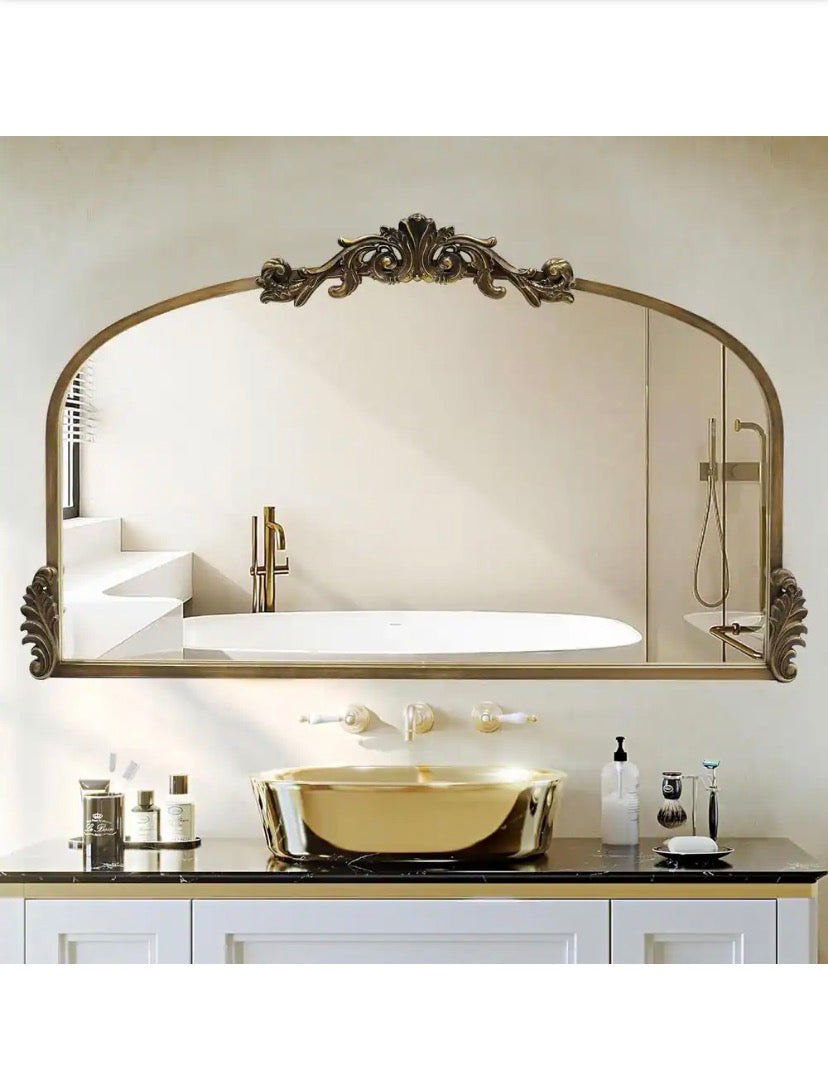 36.6 in. W x 21.7 in. H Ornate Baroque Antique Brass Vintage Stainless Metal Frame Arched Wall Mirror