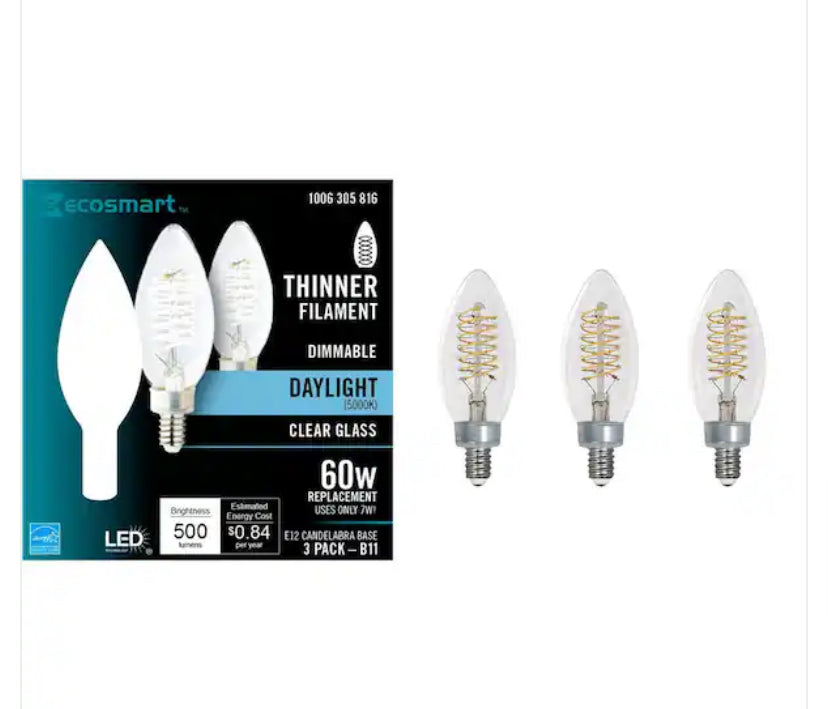 60-Watt Equivalent B11 Dimmable E12 Candelabra Fine Bendy Filament LED Vintage Edison Light Bulb Daylight (3-Pack)