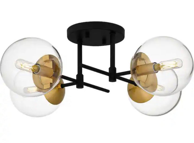 21.88 in. 4-Light Matte Black and Nouveau Gold Semi-Flush Mount with Clear Glass Shades