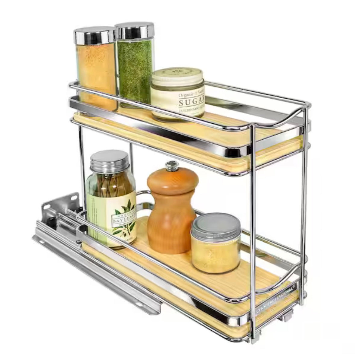 Elite Pull Out Spice Rack Organizer for Cabinet, 4-1/4 in. Wide, Double, Wood-Chrome