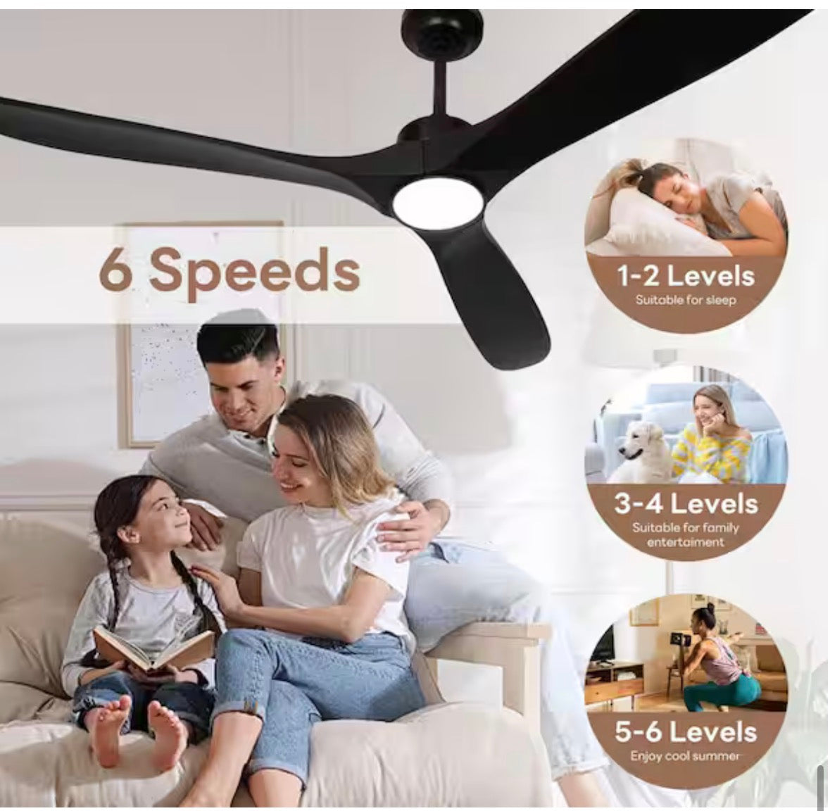 72 in. Indoor/Outdoor Farmhouse Black Ceiling Fans with Light and Remote, 3-Solid Wood Blades, 6-Adjustable Speeds