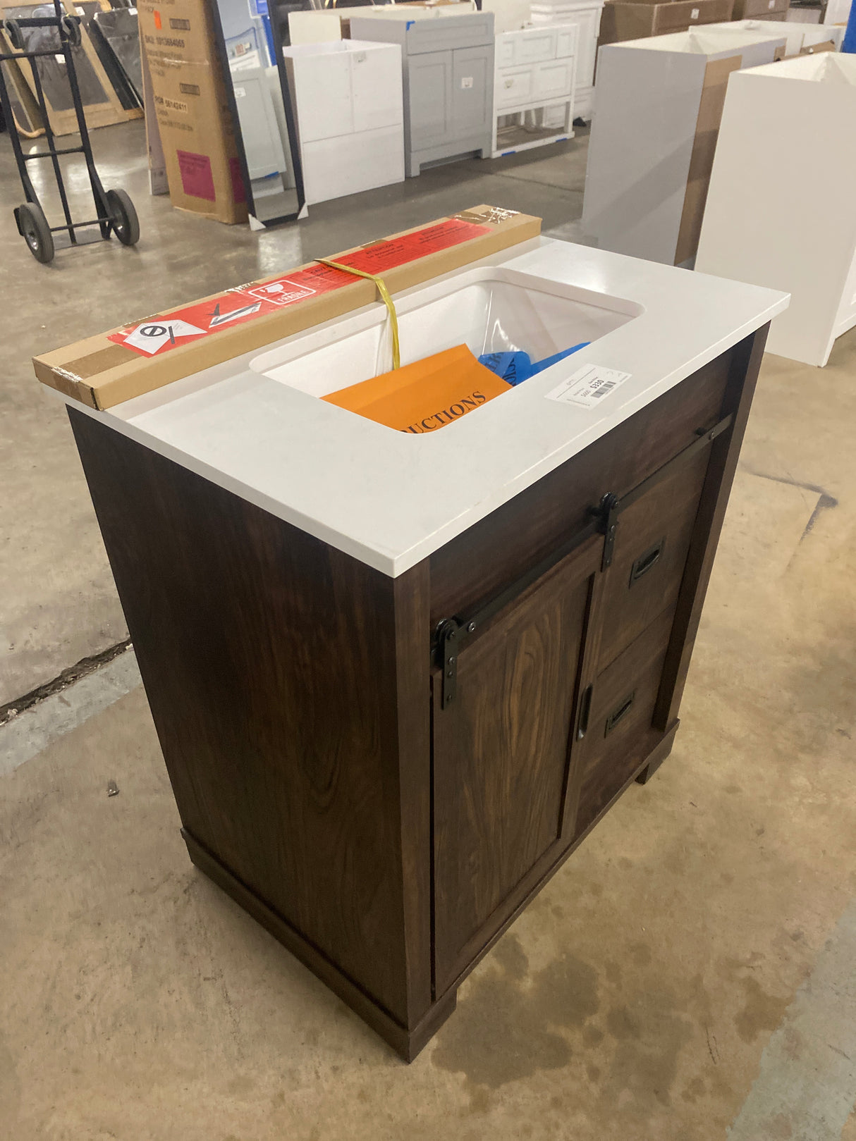 Brindley 30 in W x 20 in D x 35 in H Single Sink Freestanding Vanity in Dark Walnut w/ Veined White Engineered Stone Top