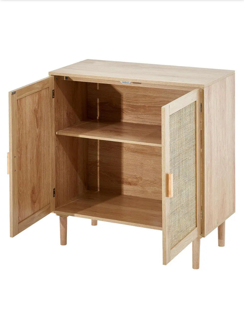 Rattan Cabinet, Rattan Storage Cabinet with 2 Magnetic Doors and Adjustable Shelves, Sideboard Cabinet Natural Wood