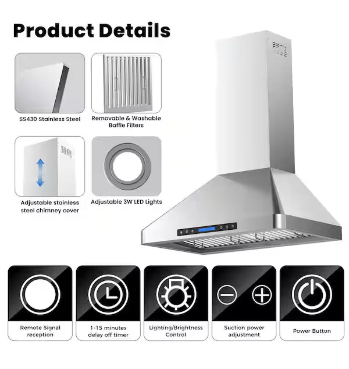 30 in. 900 CFM Convertible Wall Mount Downdraft in Stainless Steel Rounded Corners with Touch Control LCD and Remote