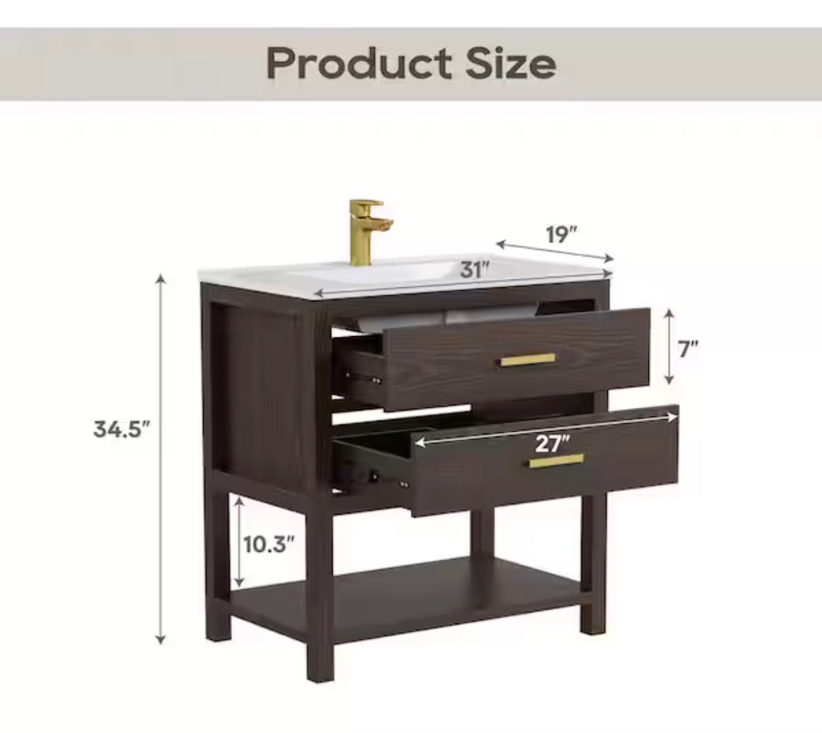 Magen 31 in. Single Sink Bath Vanity in Walnut with White Engineered Solid Surface Top and 2 Drawers (Unassembled)