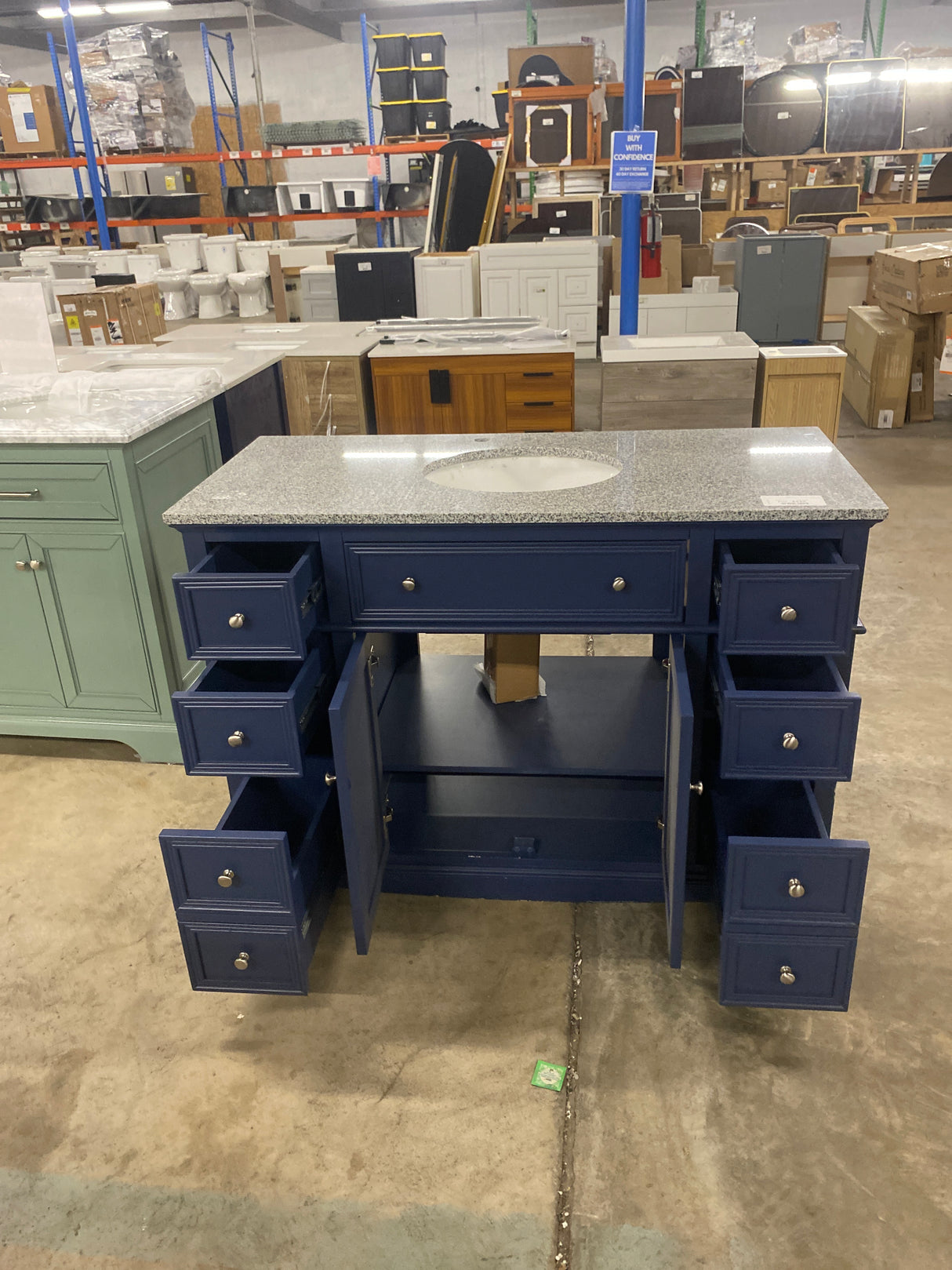 Fremont 49 in. W in 22 in. D x 34 in. H Vanity in Navy Blue with Grey Granite Top and White Sink