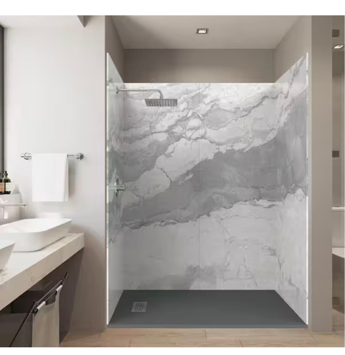 60 in. L x 36 in. W x 84 in H Glue-Up Alcove Solid Composite Stone 4-Piece Shower Wall Set in Italian Ice