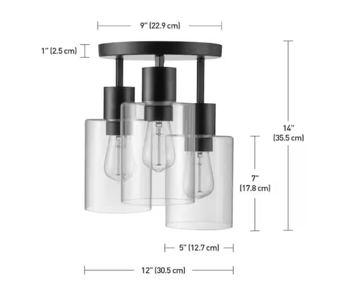 Sutton Place 14 in. 3-Light Matte Black Flush Mount, Farmhouse Ceiling Light
