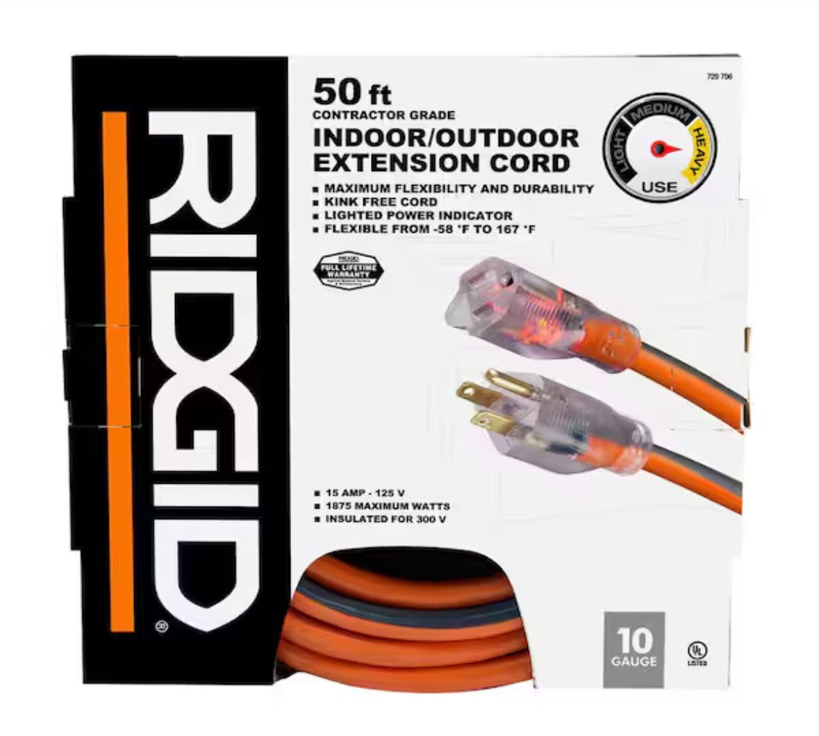 50 ft. 10/3 Heavy Duty Indoor/Outdoor SJTW Extension Cord with Lighted End, Orange/Grey