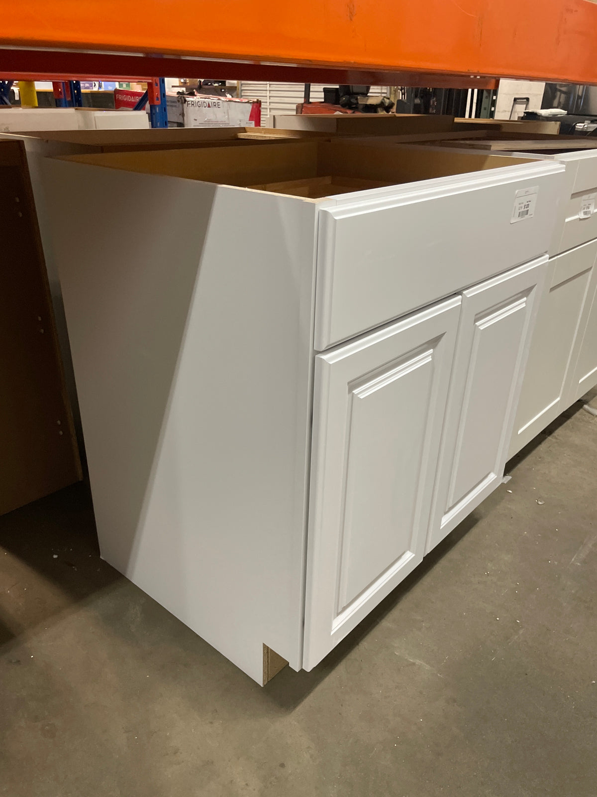 Hampton Satin White Raised Panel Stock Assembled Base Kitchen Cabinet with Drawer Glides (30 in. x 34.5 in. x 24 in.)
