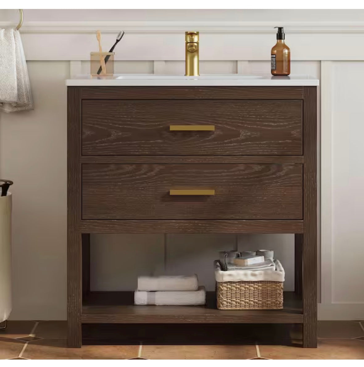 Magen 31 in. Single Sink Bath Vanity in Walnut with White Engineered Solid Surface Top and 2 Drawers (Unassembled)