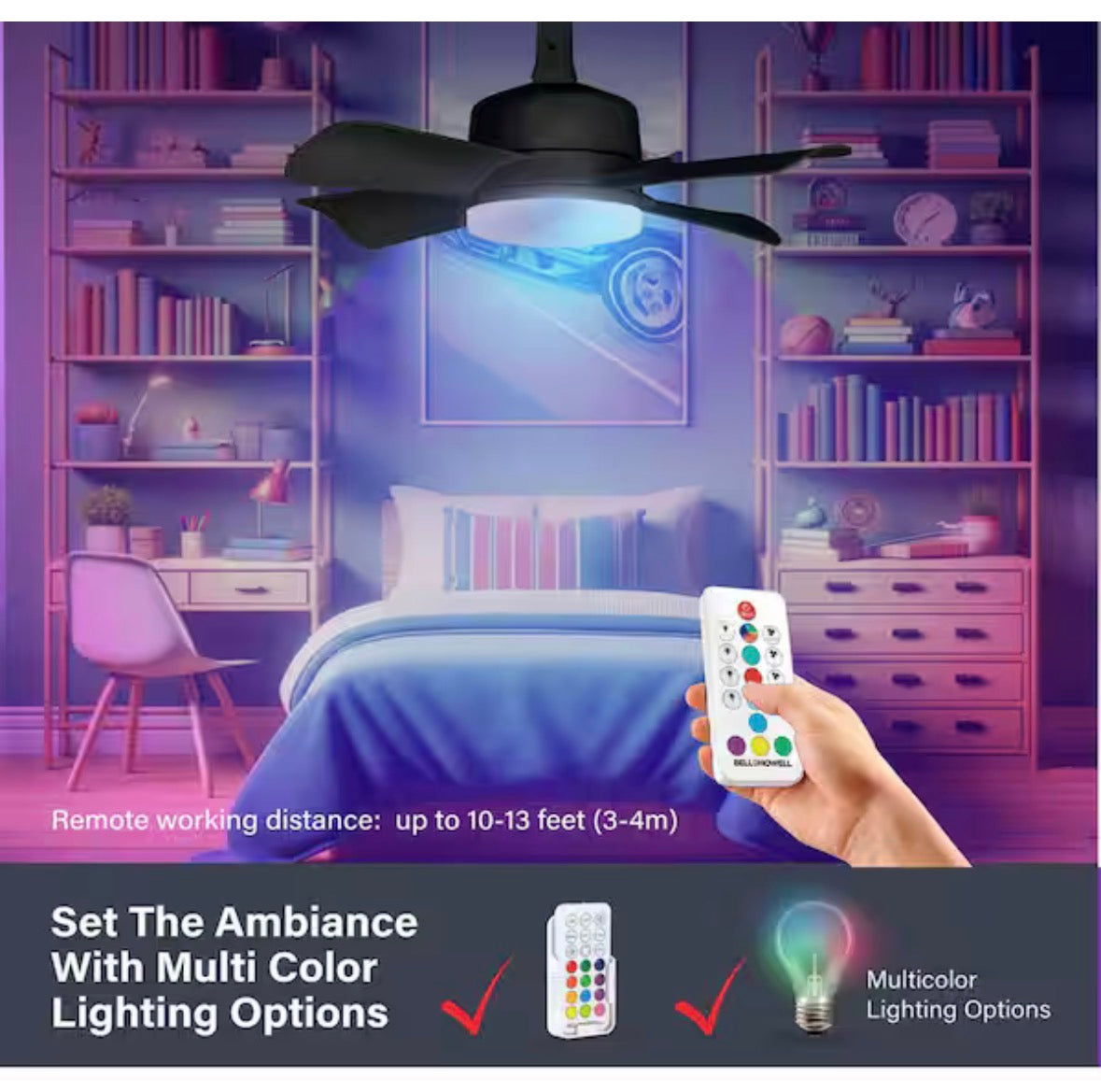 15.7 in. Indoor Matte Black Ceiling Fan with Remote, RGB CCT LED Light, Socket