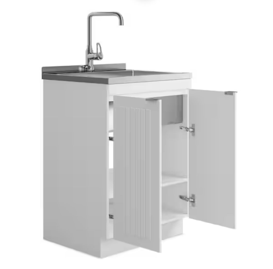 White Laundry Tub Cabinet with Single Stainless Steel Drop-in Laundry/Utility Sink and Stainless Steel Faucet Combo