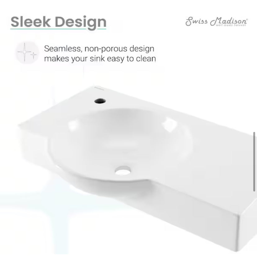 Chateau 29.31 in. Left Side Faucet Wall-Mount Ceramic Rectangular Bathroom Vessel Sink in Glossy White