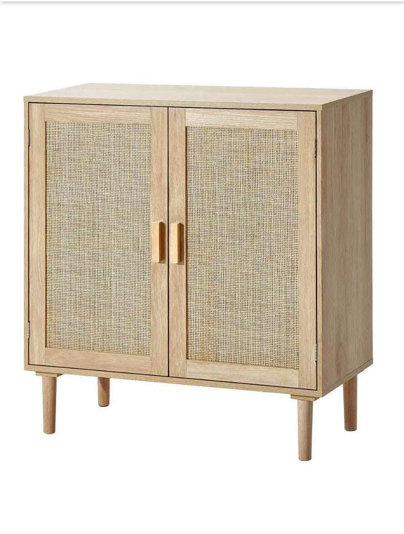 Rattan Cabinet, Rattan Storage Cabinet with 2 Magnetic Doors and Adjustable Shelves, Sideboard Cabinet Natural Wood