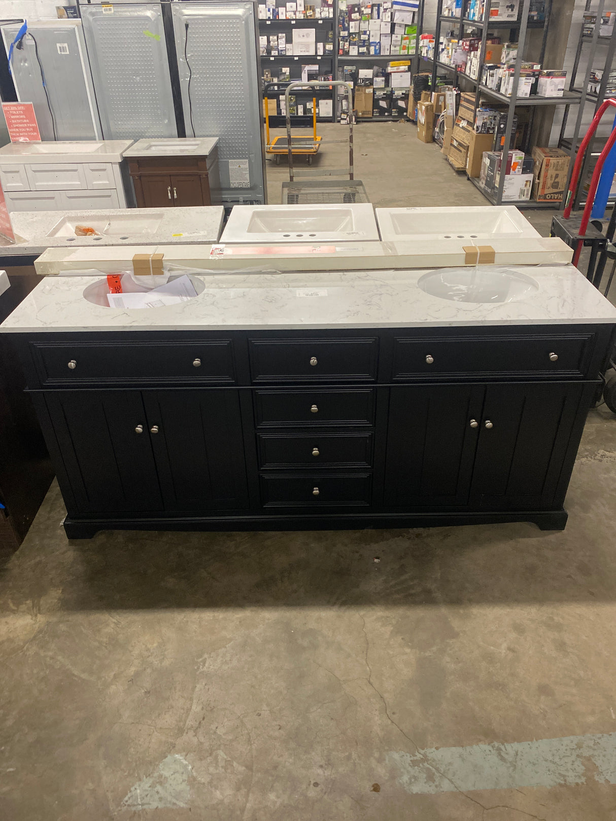 Fremont 72 in. Double Sink Black Bath Vanity with White Engineered Marble Top (Assembled)