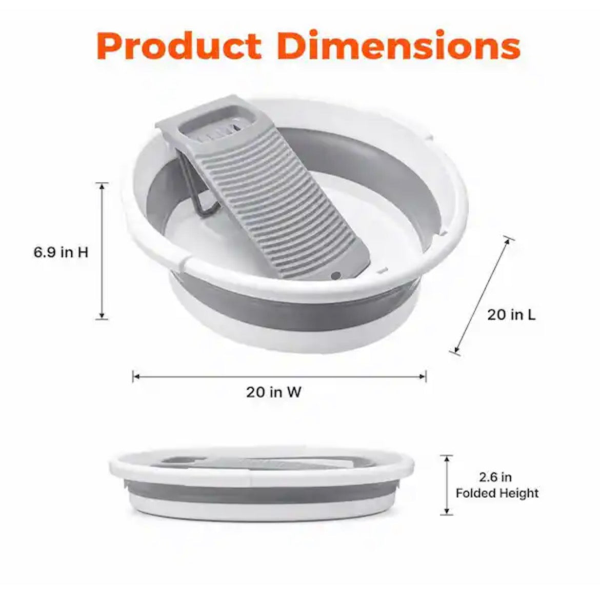 20 in. D x 20 in. W Freestanding Large Laundry Collapsible Washboard Basin with Scrubber for Hand Washing Clothes, Grey