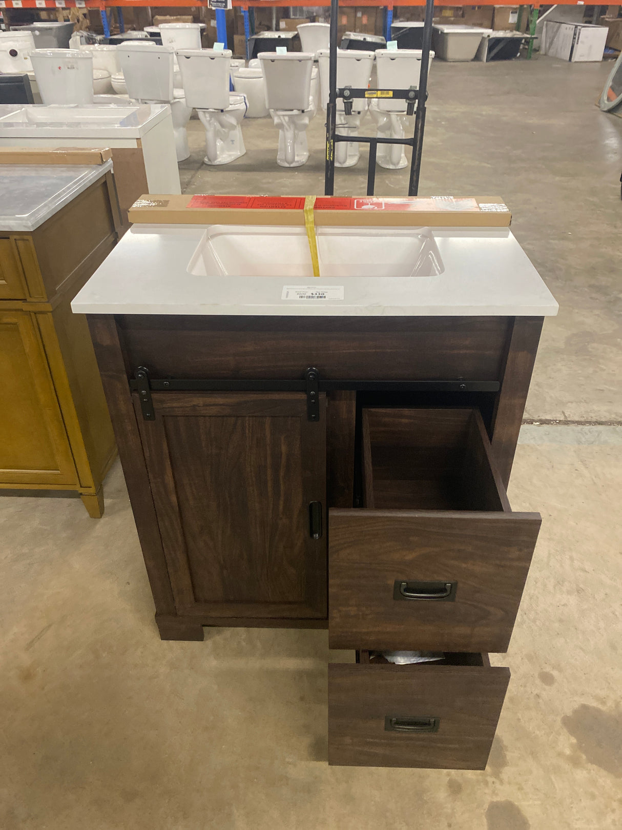 Brindley 30 in W x 20 in D x 35 in H Single Sink Freestanding Vanity in Dark Walnut w/ Veined White Engineered Stone Top
