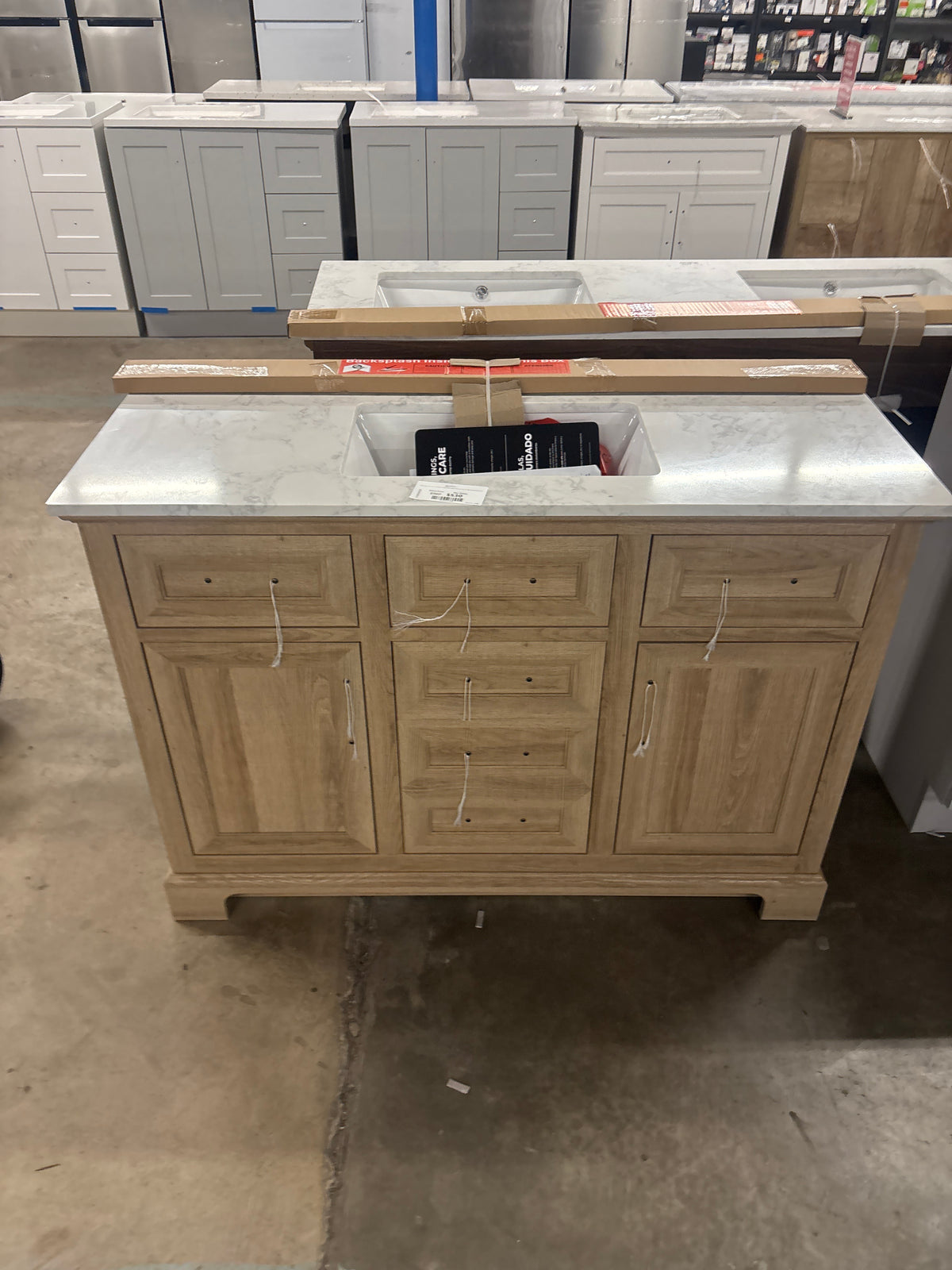 Doveton 48 in. W x 19 in. D x 34.50 in. H Freestanding Vanity in Weathered Tan with White Engineered Stone Top