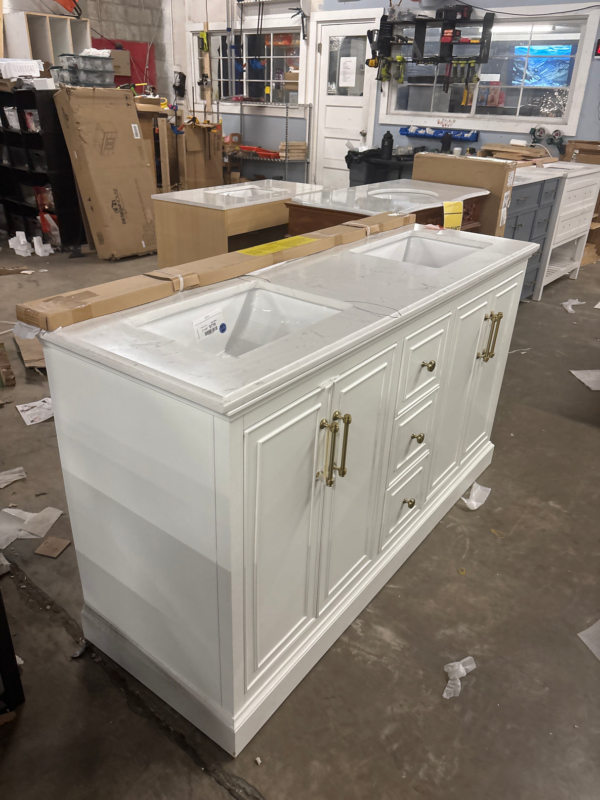 Ravenscroft 61 in. Double Sink White Swan Bath Vanity with Carrara White Engineered Stone Top (Assembled)