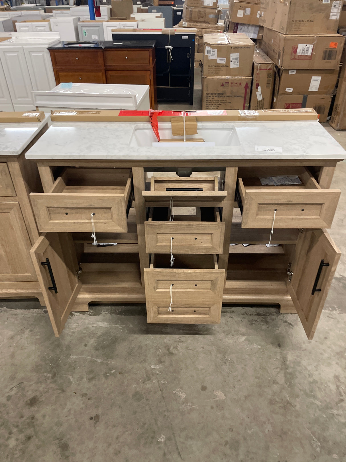 Doveton 48 in. W x 19 in. D x 34.50 in. H Freestanding Vanity in Weathered Tan with White Engineered Stone Top