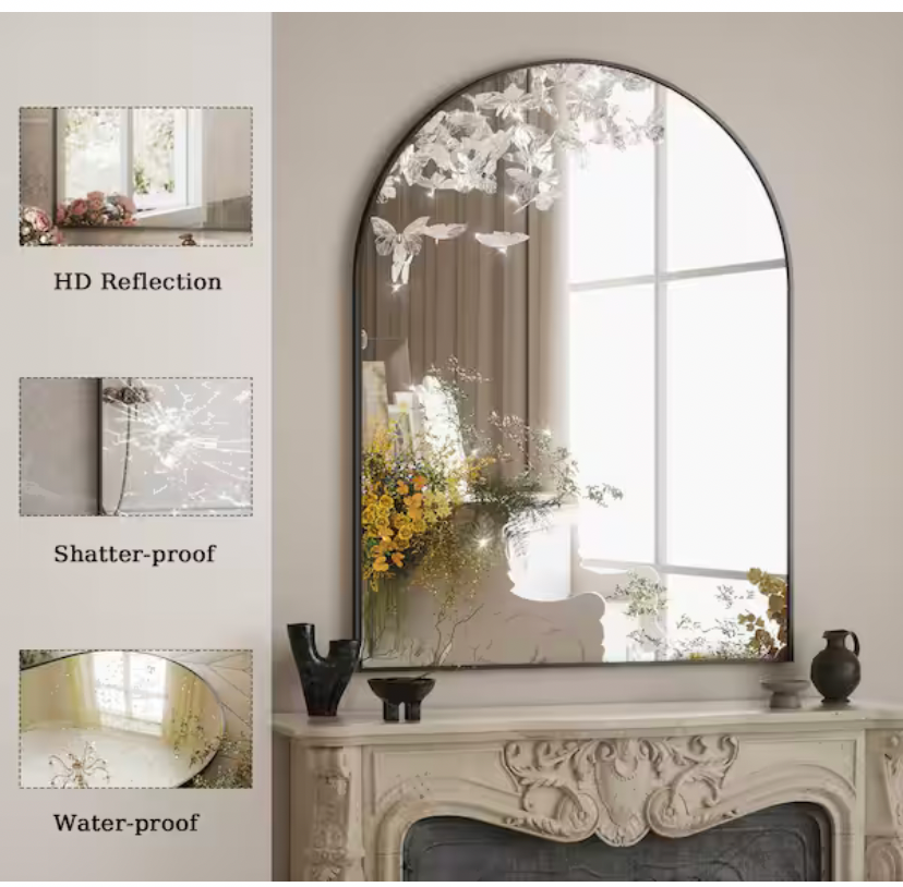 30 in. W x 40 in. H Modern Arched Black Aluminum Alloy Framed Wall Mirror