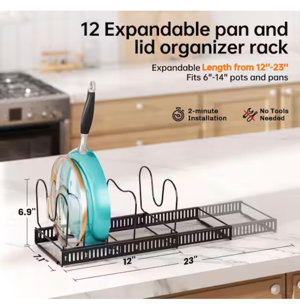 Expandable Black Standing Pot Rack for Kitchen Cabinet Organizers and Storage with 12 Adjustable Dividers