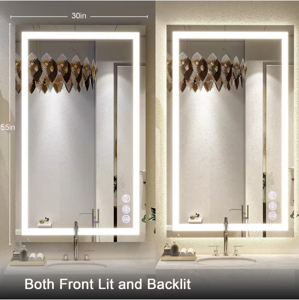 30 in. W x 55 in. H LED Light Anti-Fog Rectangular Modern Frameless White Wall Mirror