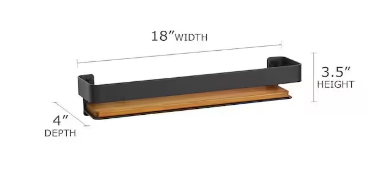 18 in. x 4 in. Rectangular Shower Shelf with Rail in Matte Black and Natural Teak Wood Insert