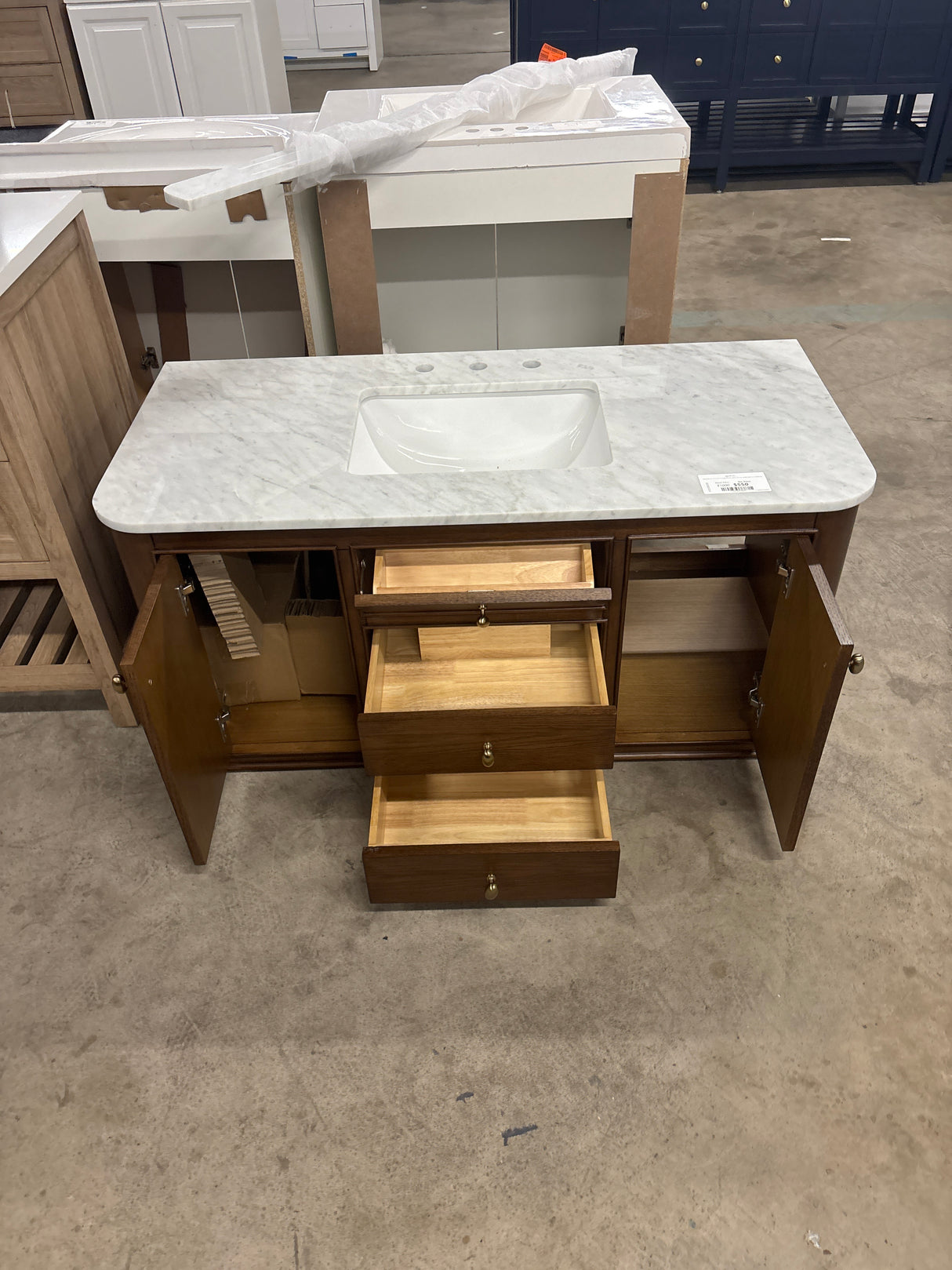 Collette 48 in W x 22 in D x 35 in H Single Sink Bath Vanity in Cinnamon Oak With White Carrara Marble Top