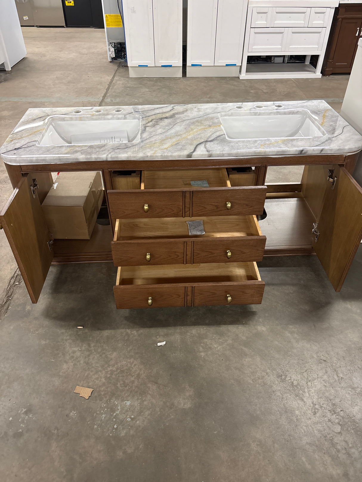 Collette 60 in. Double Sink Cinnamon Oak Bath Vanity with Epoxied White Carrara Marble Top (Assembled)