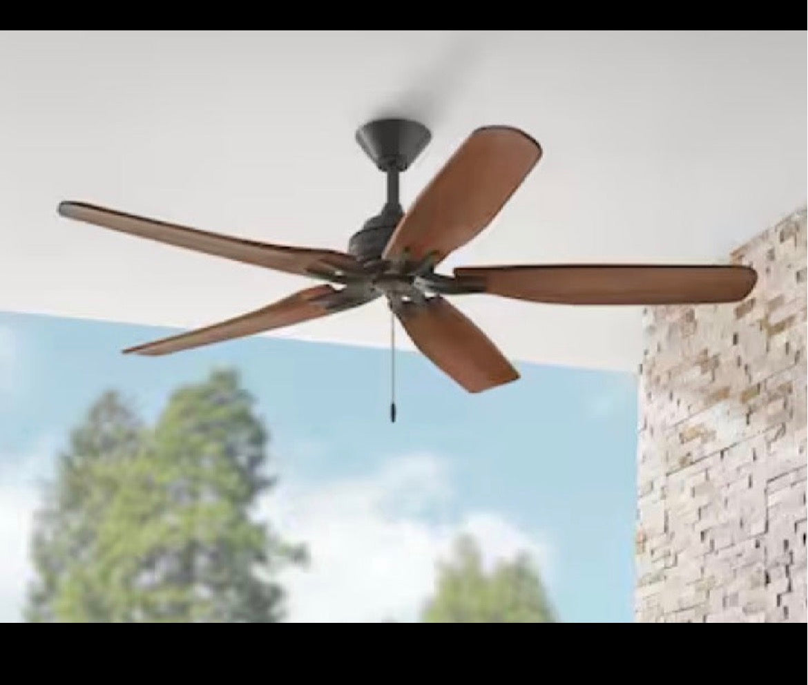 Danetree 60 in. Indoor/Outdoor Natural Iron Ceiling Fan with Hand Carved Wood Blades and Pull Chain Included