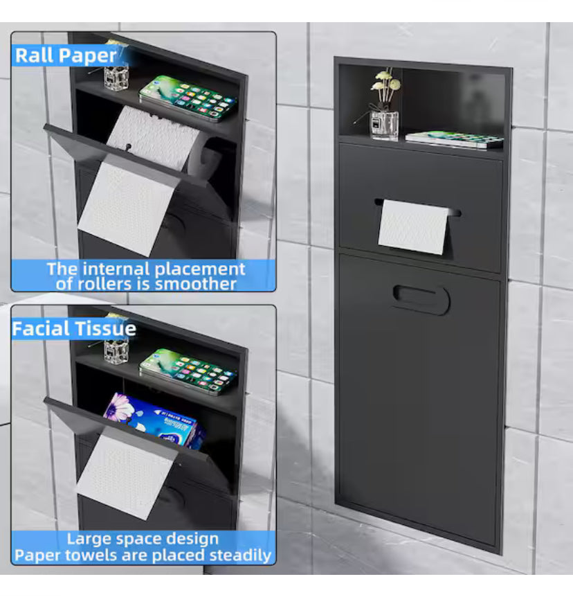 12 in. W x 26 in. H x 5.5 in. D Recessed Toilet Paper Holder Shower Niche, Built-in Trash Can Rack in Black