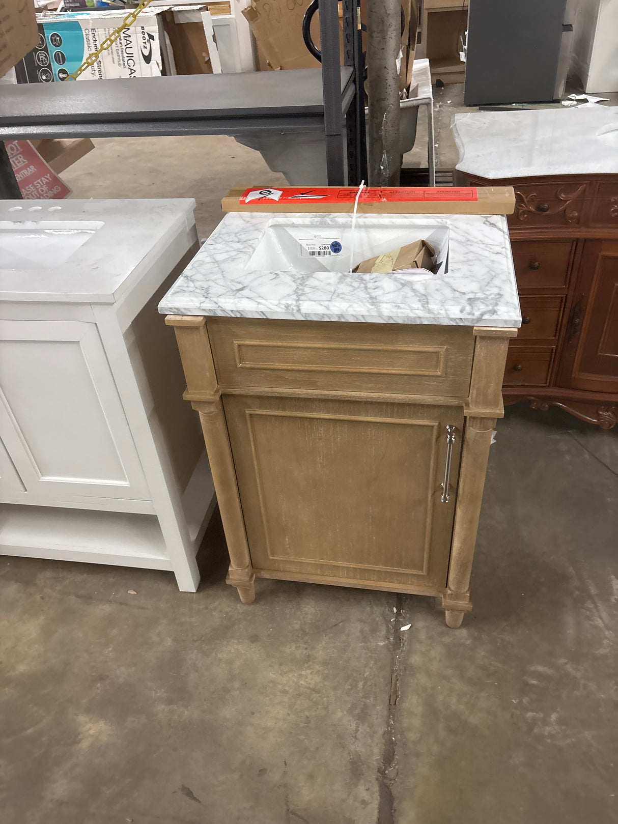 Aberdeen 24 in. W x 20 in. D x 34.5 in. H Bath Vanity in Antique Oak with Cracked White Carrara Marble Vanity Top