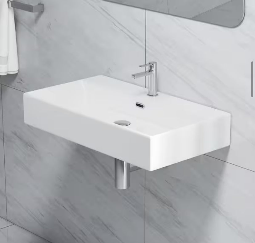 Turner Vitreous China 30 in. W x 16 in. D x 5 in. H Wall-Mount Bathroom Sink with Faucet Hole and Overflow in White